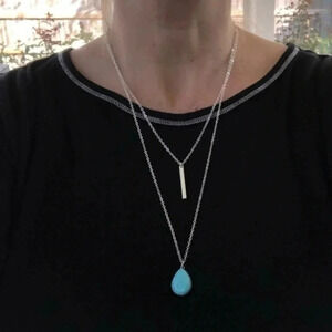 Double Strand Turquoise  & Bar Silver Fashion Statement Long Necklace NWT